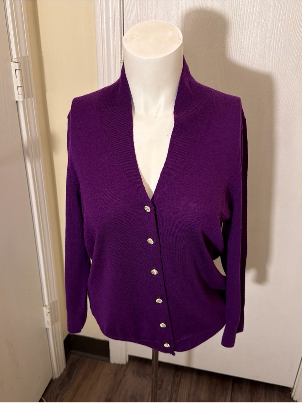 Talbots Fuchsia Pure Merino Wool Jewelled Button Cardigan 3/4 Sleeves NWT